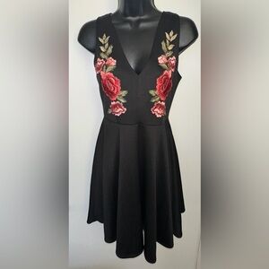 Beware! | NWT Medium Black Midi Dress with Red Floral Embroidery